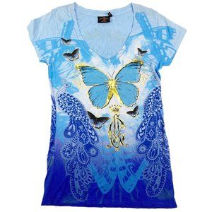 Y2K Christian Audigier Mini T-Shirt Dress Blue Butterfly Paisley Medium Gold